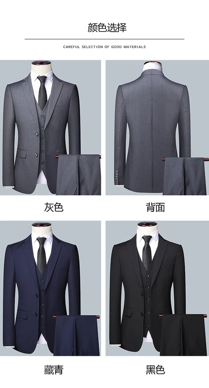 Suit Men Fashion  (Blazer+ Vest + Pants)  Business Wedding Work Casual Slim Professional Dress Groom Best Man Gentleman Suit - BOC-WEAR