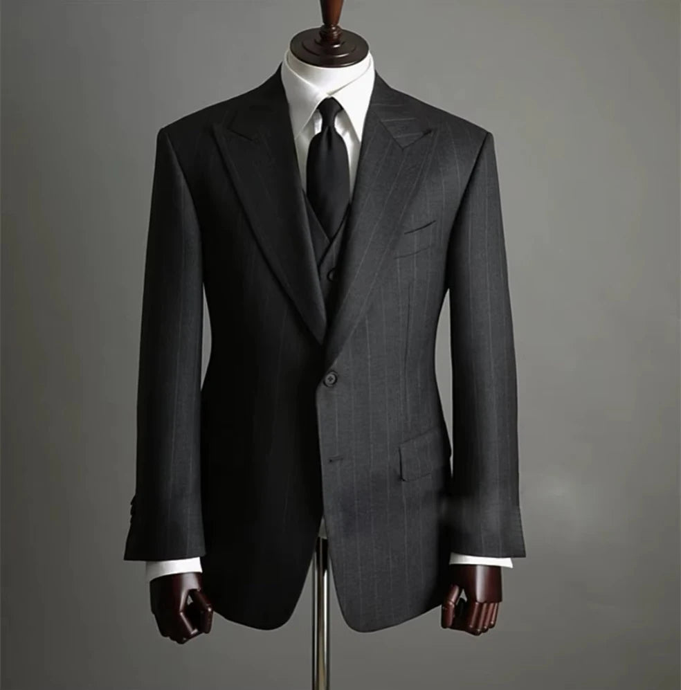 Men's Classic Dark Grey Striped 3-Piece Suit - Formal Business Wedding Groom Suit Set - BOC-WEAR