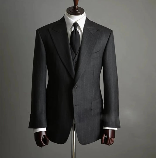 Men's Classic Dark Grey Striped 3-Piece Suit - Formal Business Wedding Groom Suit Set - BOC-WEAR
