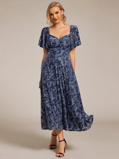 Elegant Evening Dress Square Neckline Jacquard Decoration Tea length 2025 Ever Pretty of Dusty Navy Wedding Guest Dresses