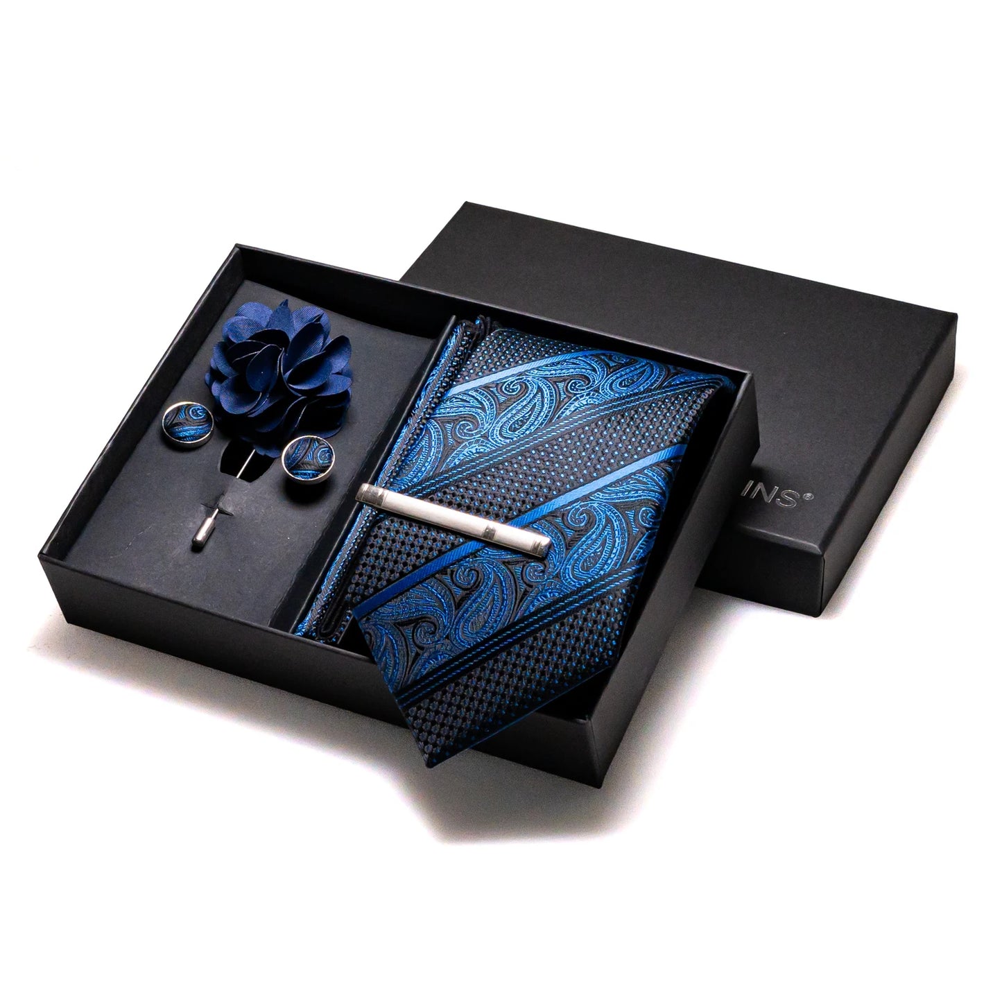Navy blue Silk Necktie Paisley Floral Mens Tie Pocket Square Cufflinks Set Quality Business Wedding Birthday Gift Box Gravatas - BOC-WEAR
