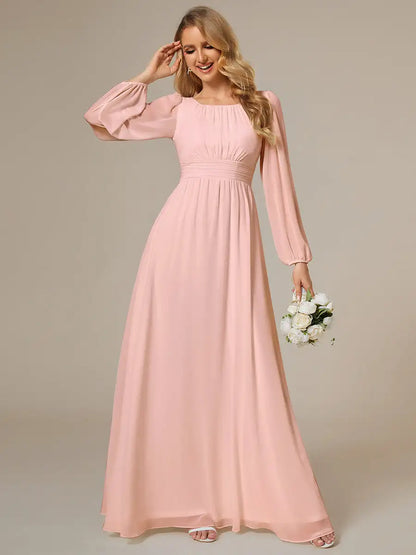 JAEL Classic Evening Dress - Round Neck A-Line Bridesmaid Dress with Lantern Sleeves