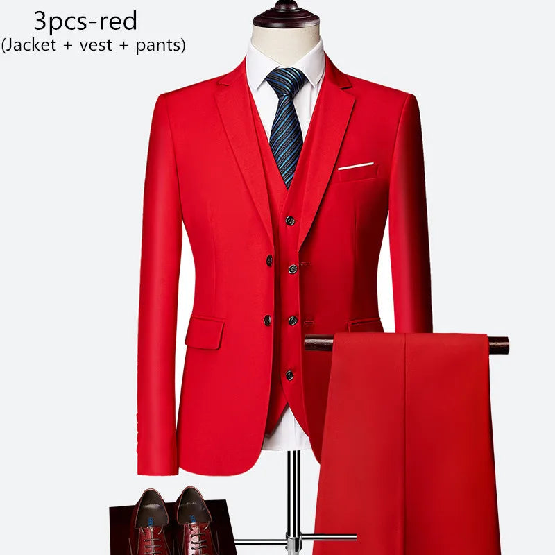 Luxury 3 piece men's wedding suit fashion men's slim solid color business office suit sets large size men Blazer+ pants + vest - BOC-WEAR