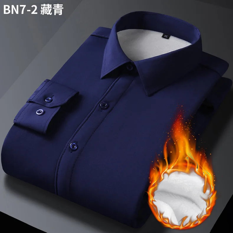 2025 Men's Autumn Winter Long Sleeve Shirts White Warm Fleece Stretch Shirt Formal Business Office Wear Dress Shirts Male M-5XL - BOC-WEAR