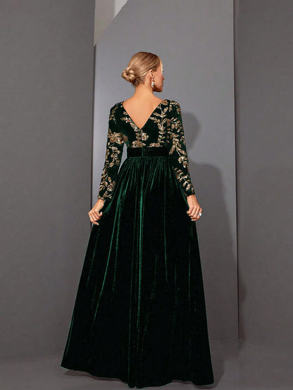 Mgiacyv-neck, gorgeous sequined, long-sleeved, velvet, large-sleeved dress with a cinched waist