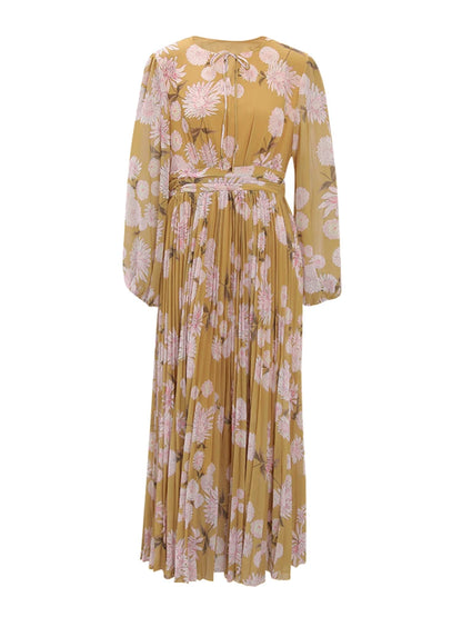 BOC-WEAR LANMREM Pleated Long Dress - Floral Print Lace-Up Dress for Church - BOC-WEAR