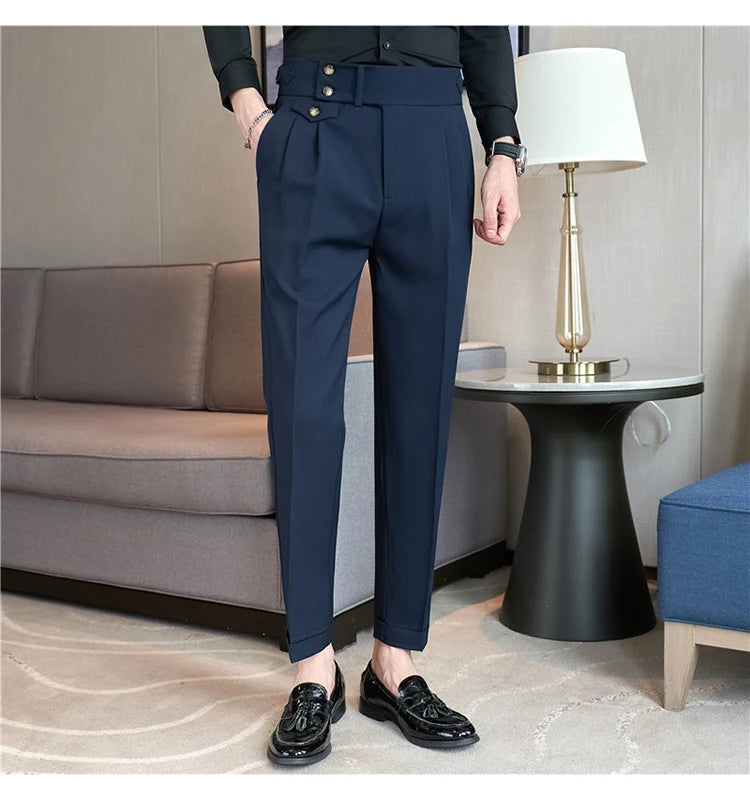2025 Spring Autumn Men High Waist Belt Design Casual Slim Formal Dress Pant Men Social Office Wedding Party Dress Suit Pants