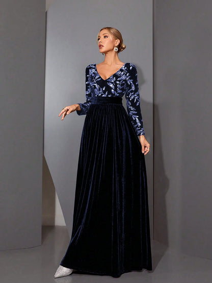 Sequin Velvet Long Sleeve Maxi Dress