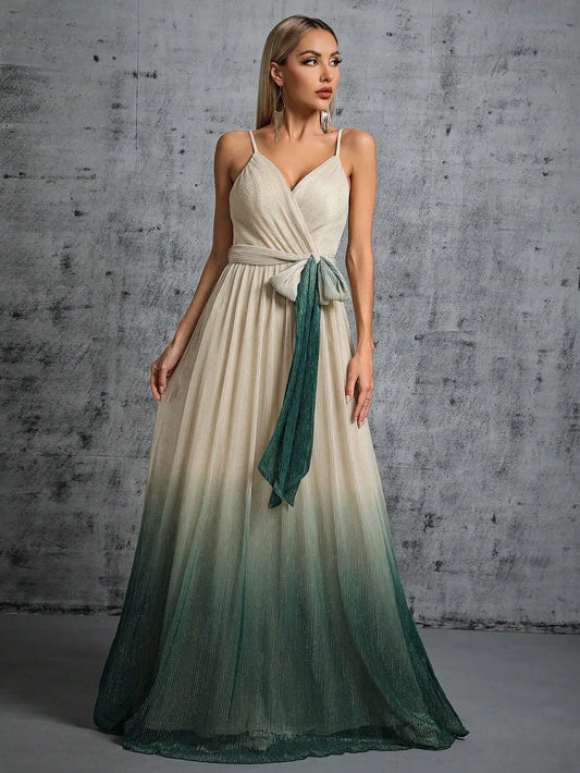 Plus Size Halter V-Neck Pleated Silk Gown