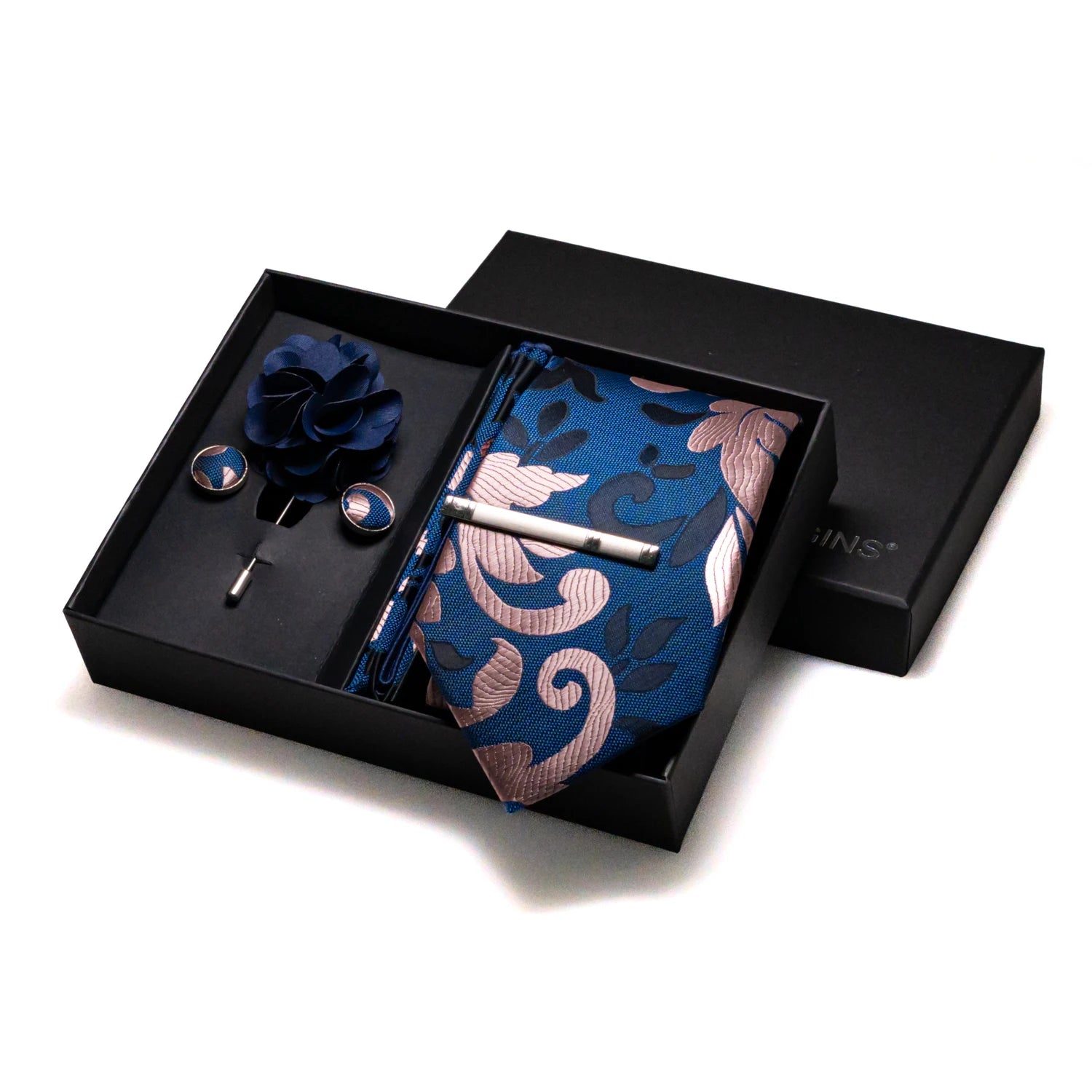 Navy blue Silk Necktie Paisley Floral Mens Tie Pocket Square Cufflinks Set Quality Business Wedding Birthday Gift Box Gravatas - BOC-WEAR