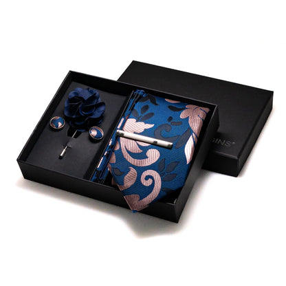 Navy blue Silk Necktie Paisley Floral Mens Tie Pocket Square Cufflinks Set Quality Business Wedding Birthday Gift Box Gravatas - BOC-WEAR