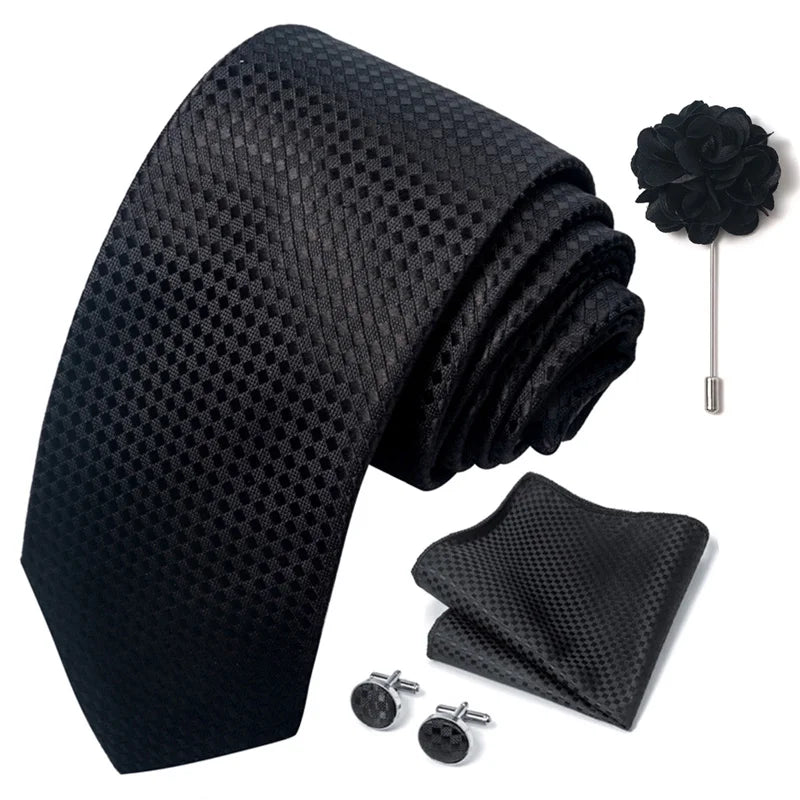 Luxury Men's Floral Tie Set - Black Gold Paisley Necktie with Pocket Square, Cufflinks & Brooch - BOC-WEAR