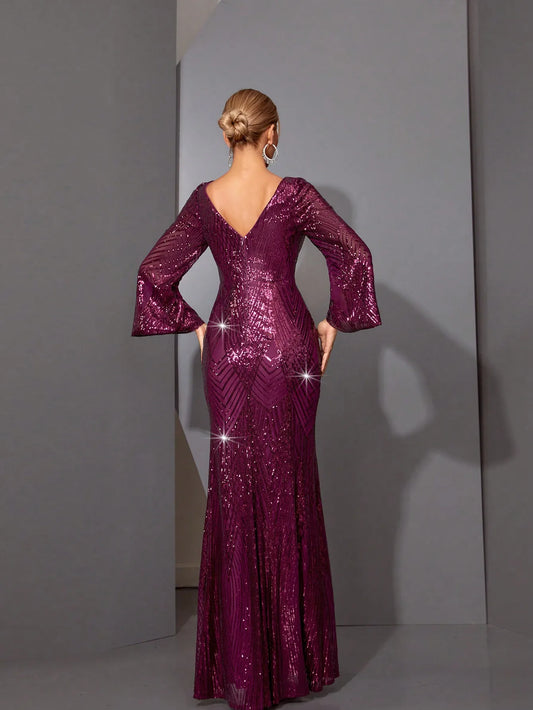 Mgiacyv-neck flared sleeves, gorgeous sequined embroidered lace fishtail slim dress