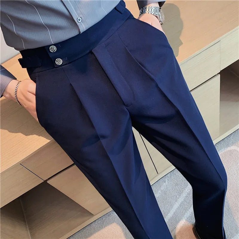 2025 Spring Autumn Men High Waist Belt Design Casual Slim Formal Dress Pant Men Social Office Wedding Party Dress Suit Pants