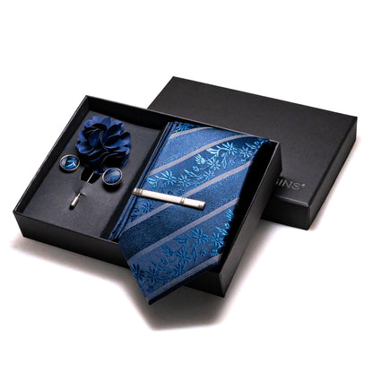 Navy blue Silk Necktie Paisley Floral Mens Tie Pocket Square Cufflinks Set Quality Business Wedding Birthday Gift Box Gravatas - BOC-WEAR