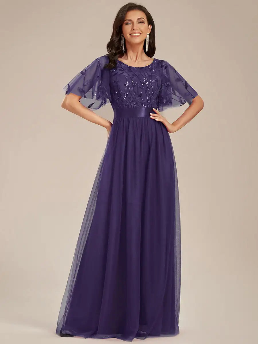 Round Neck Ruffle Sleeve Evening Gown