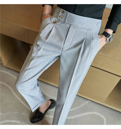 2025 Spring Autumn Men High Waist Belt Design Casual Slim Formal Dress Pant Men Social Office Wedding Party Dress Suit Pants
