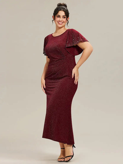 Plus Size Evening Dresses Short Sleeve Ruffle Beaded 2025 Ever Pretty of Fishtail Burgundy Maxi Evening Dresses