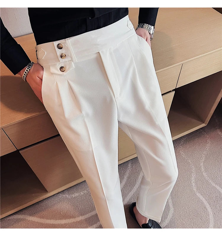 2025 Spring Autumn Men High Waist Belt Design Casual Slim Formal Dress Pant Men Social Office Wedding Party Dress Suit Pants