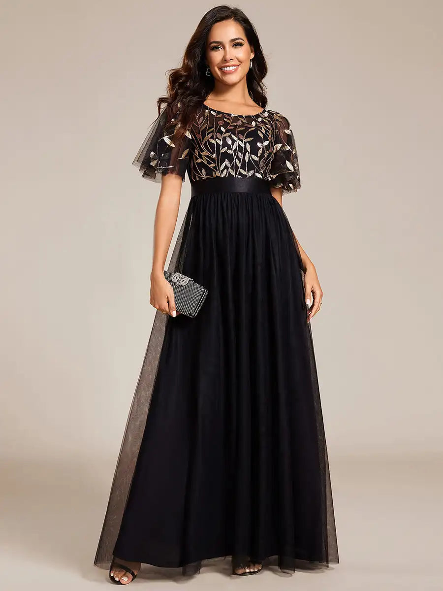 Round Neck Ruffle Sleeve Evening Gown