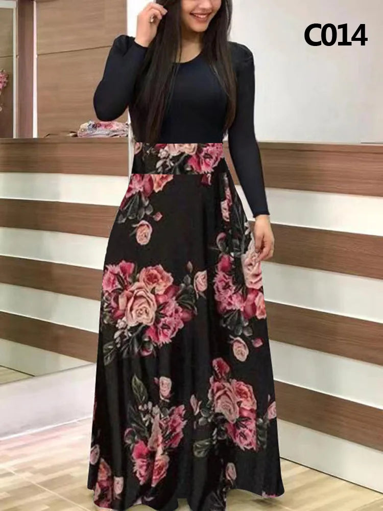Women's Elegant Floral Maxi Dress - Retro Printed Long Sleeve Banquet Gown | S-5XL - BOC-WEAR