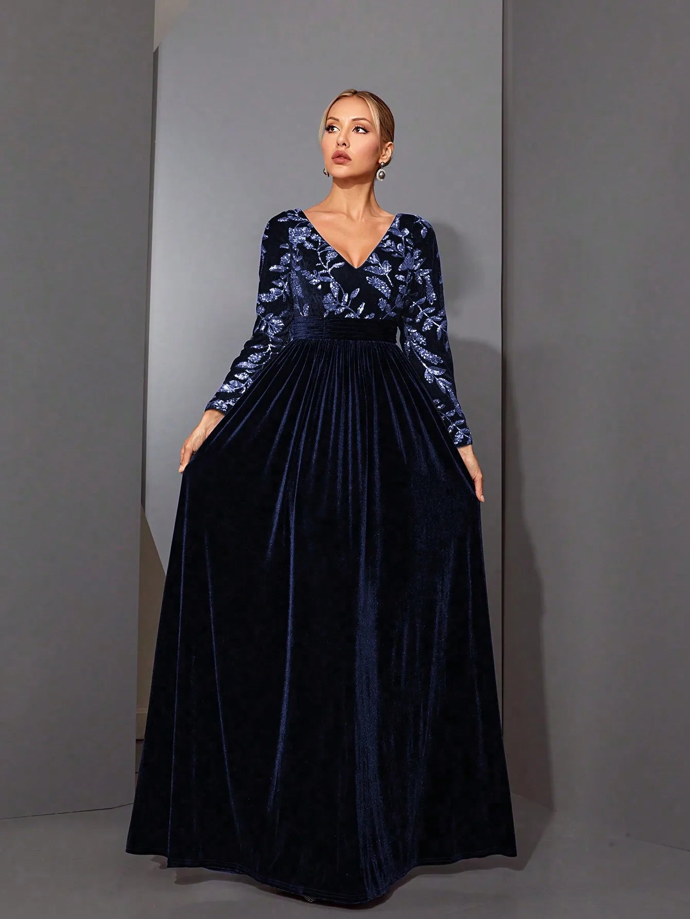 Sequin Velvet Long Sleeve Maxi Dress