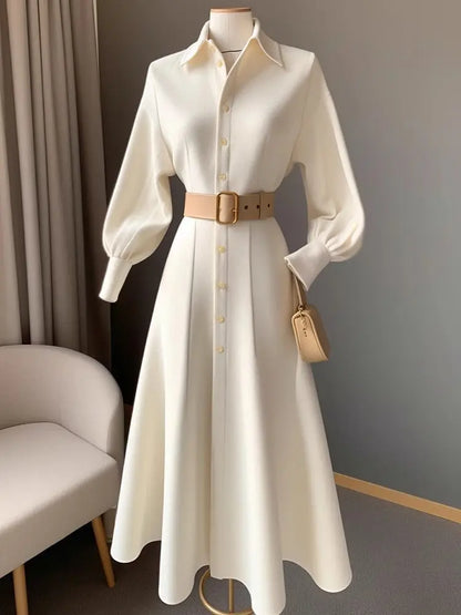 Women's Elegant White Shirt Dress - Korean Style A-Line Waist Cinching Dress for Work & Church - BOC-WEAR