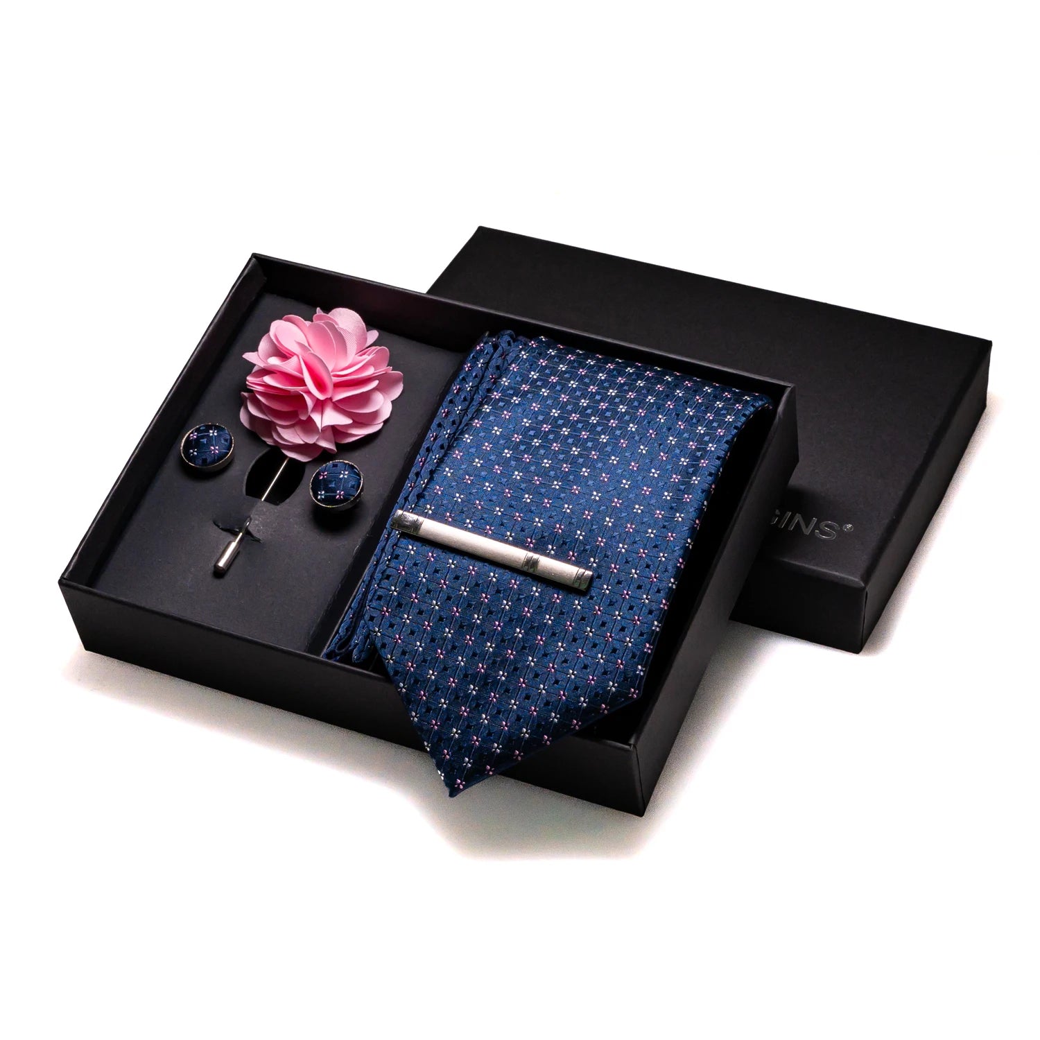 Navy blue Silk Necktie Paisley Floral Mens Tie Pocket Square Cufflinks Set Quality Business Wedding Birthday Gift Box Gravatas - BOC-WEAR