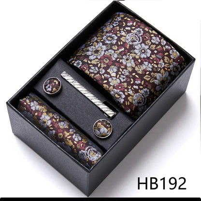 Top Grade Holiday Gift Box 7.5 cm Green Print Tie Pocket Squares Cufflink Set Gravatas Man Suit Accessories Fit Formal Party - BOC-WEAR
