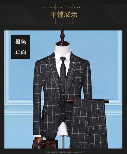 Suit Fashion Business Casual Gentleman Men's Italian Style Elegant Plaid Slim-Fit Formal 3-Piece Suit