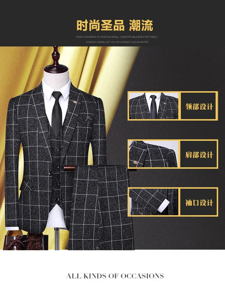 Suit Fashion Business Casual Gentleman Men's Italian Style Elegant Plaid Slim-Fit Formal 3-Piece Suit