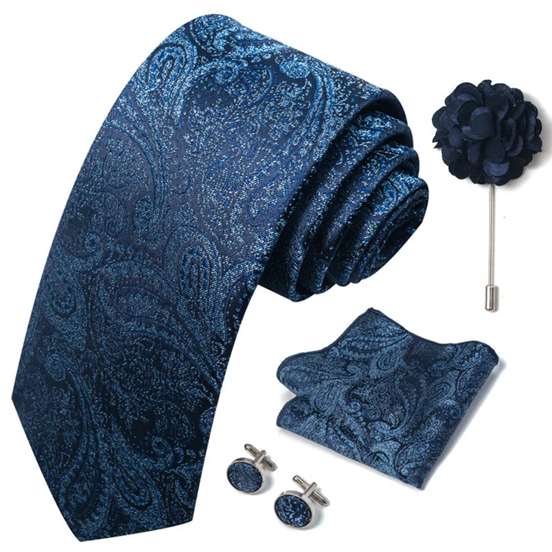 Luxury Men's Floral Tie Set - Black Gold Paisley Necktie with Pocket Square, Cufflinks & Brooch - BOC-WEAR