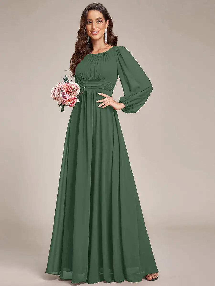 JAEL Classic Evening Dress - Round Neck A-Line Bridesmaid Dress with Lantern Sleeves