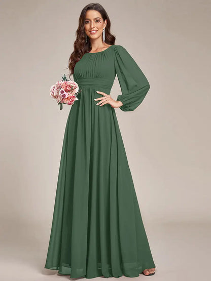 JAEL Classic Evening Dress - Round Neck A-Line Bridesmaid Dress with Lantern Sleeves