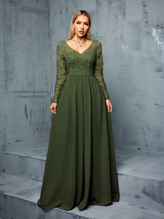 V-Neck Mesh Formal Dinner Dress