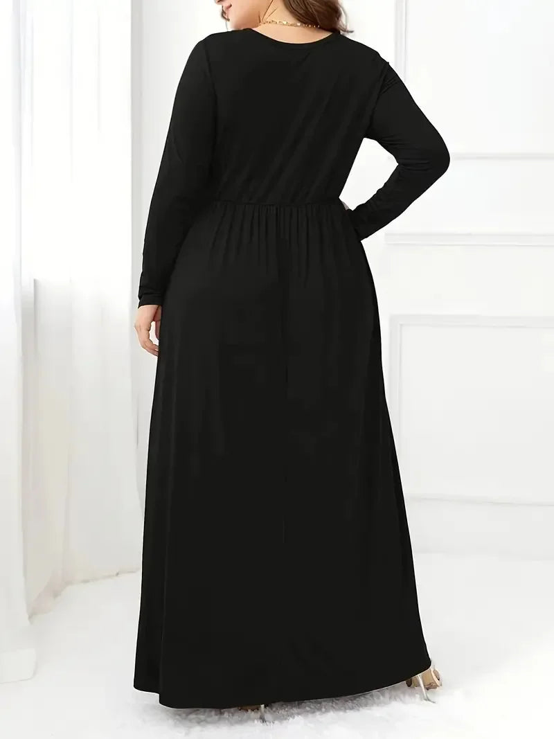 Plus Size Plus Size Solid Color Dress Casual Waist Cinched Long Sleeve round Neck Long Dress Comfortable Fashion Women's Clot... - BOC-WEAR