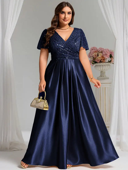 V-Neck Ruffle Applique Evening Dress