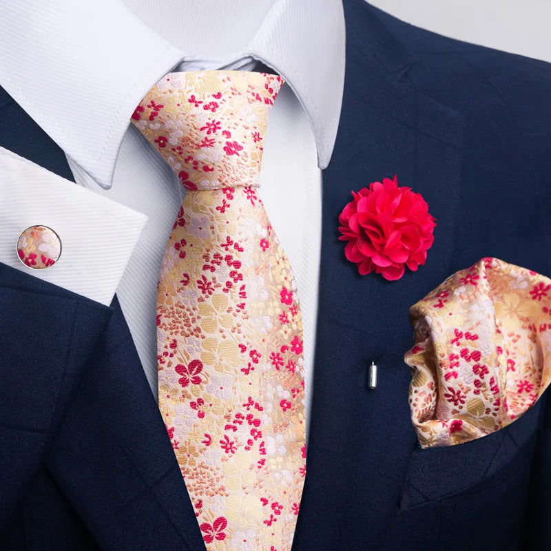 Luxury Men's Floral Tie Set - Black Gold Paisley Necktie with Pocket Square, Cufflinks & Brooch - BOC-WEAR