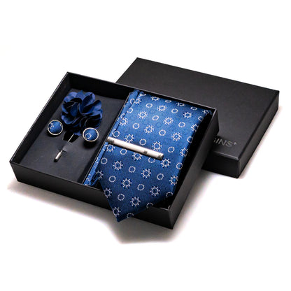 Navy blue Silk Necktie Paisley Floral Mens Tie Pocket Square Cufflinks Set Quality Business Wedding Birthday Gift Box Gravatas - BOC-WEAR