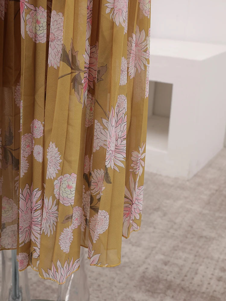 BOC-WEAR LANMREM Pleated Long Dress - Floral Print Lace-Up Dress for Church - BOC-WEAR