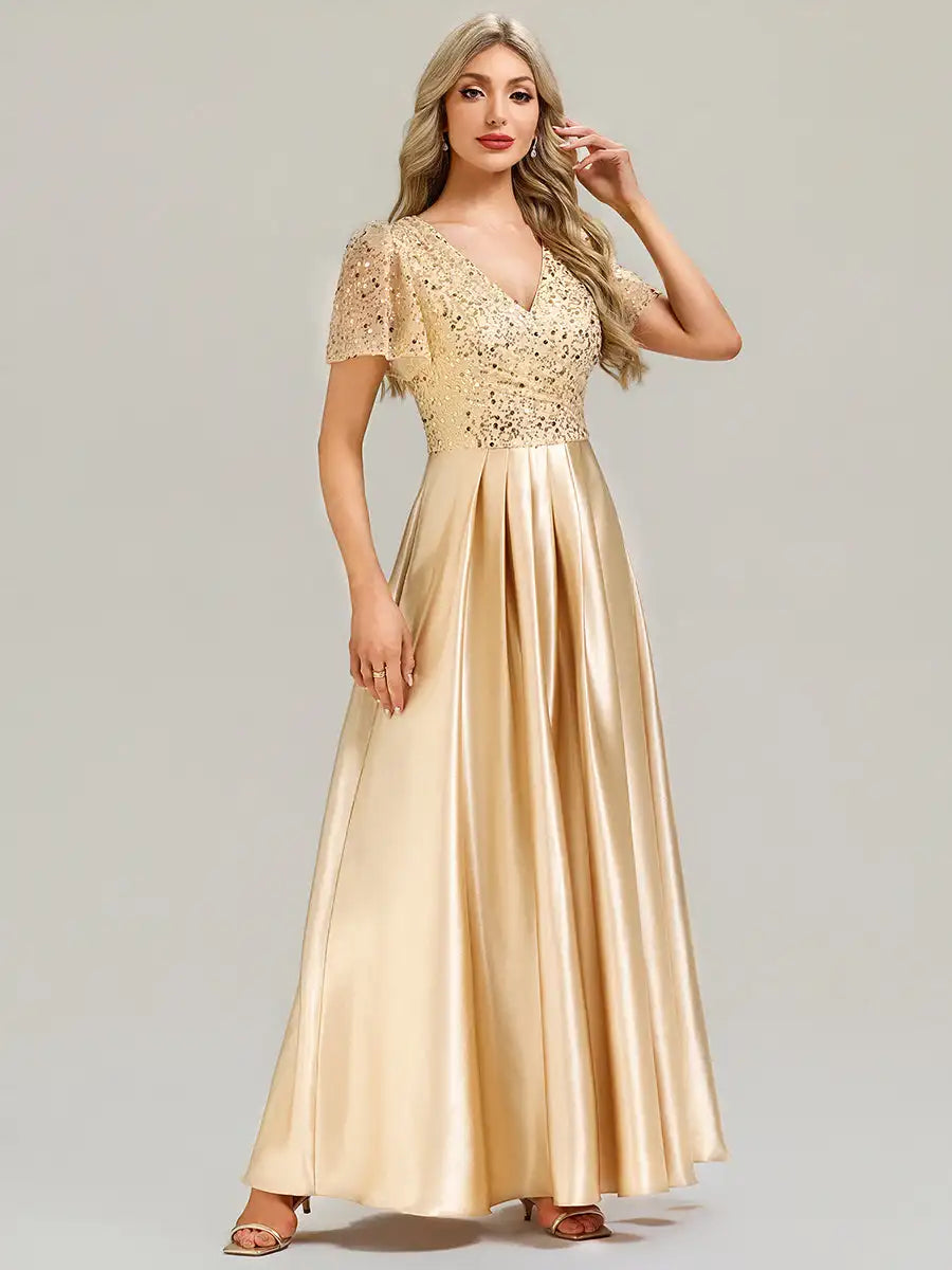 V-Neck Ruffle Applique Evening Dress