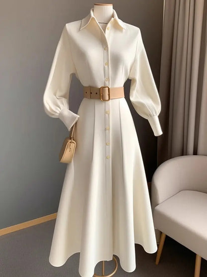 Women's Elegant White Shirt Dress - Korean Style A-Line Waist Cinching Dress for Work & Church - BOC-WEAR