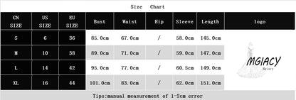 Size chart for clothing with measurements in centimeters and a visible brand logo.