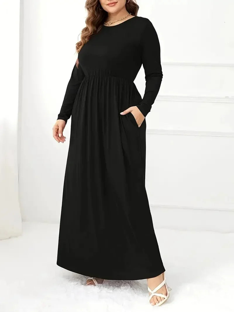 Plus Size Plus Size Solid Color Dress Casual Waist Cinched Long Sleeve round Neck Long Dress Comfortable Fashion Women's Clot... - BOC-WEAR