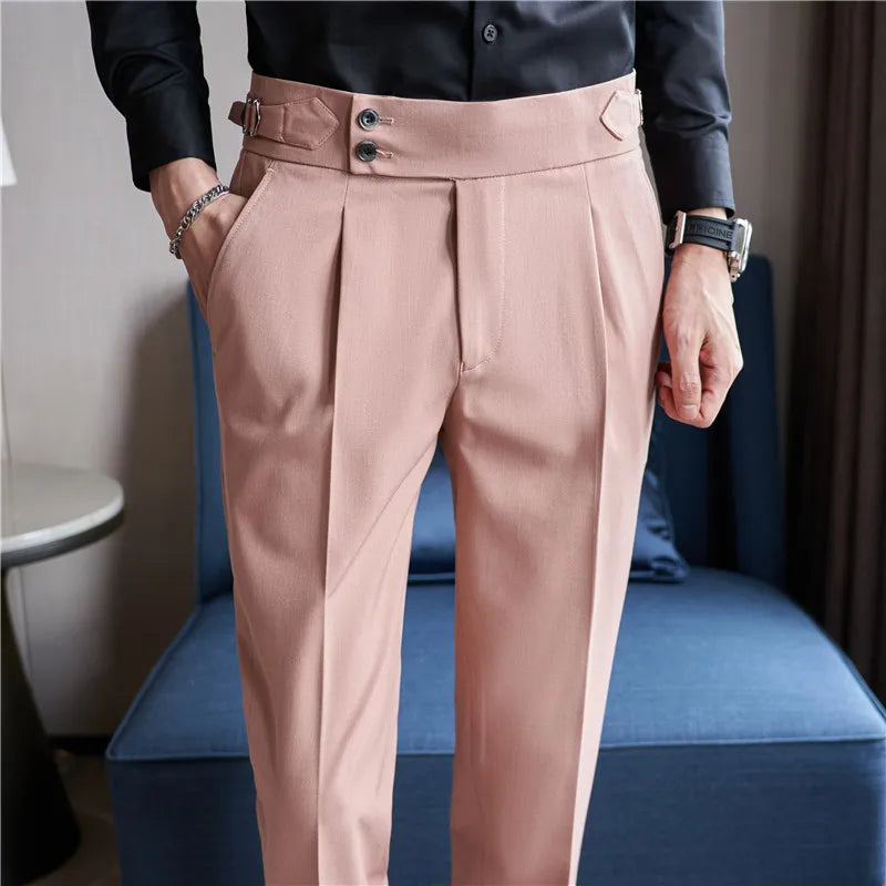 2025 Spring Autumn Men High Waist Belt Design Casual Slim Formal Dress Pant Men Social Office Wedding Party Dress Suit Pants