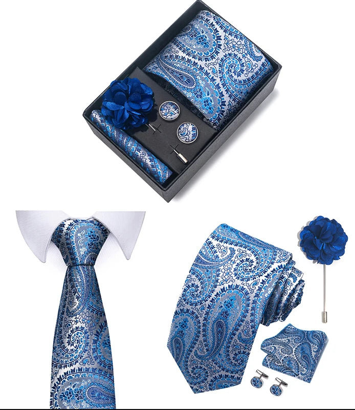 New Designer Blue Red Green Paisley Ties For Men Wedding Party Neck Tie Luxury Tie Pocket Square Cufllink Brooch Set - BOC-WEAR