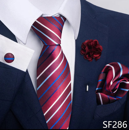 Luxury Men's Floral Tie Set - Black Gold Paisley Necktie with Pocket Square, Cufflinks & Brooch - BOC-WEAR