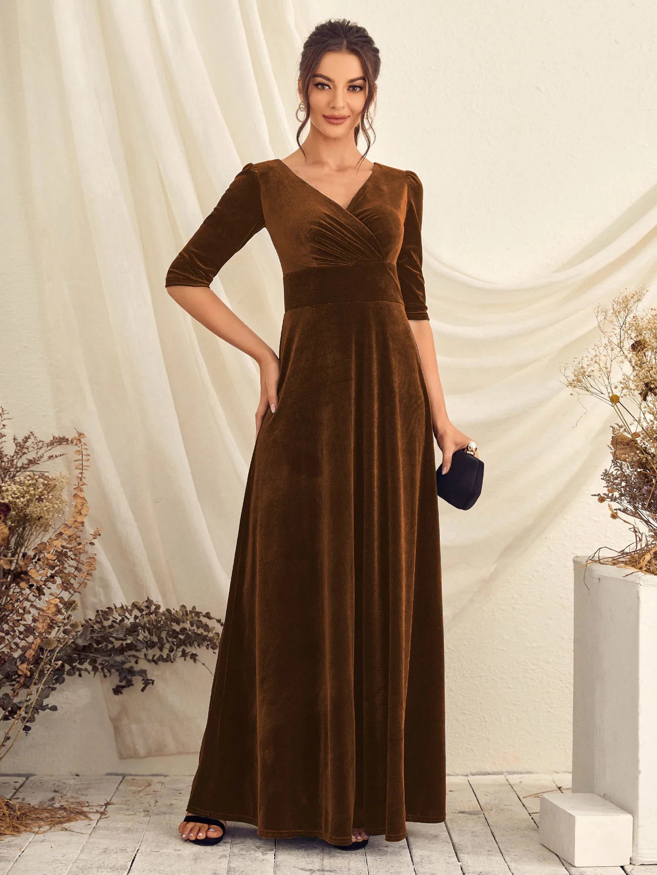 V-Neck Plush Cross-Ruffled Evening Dress