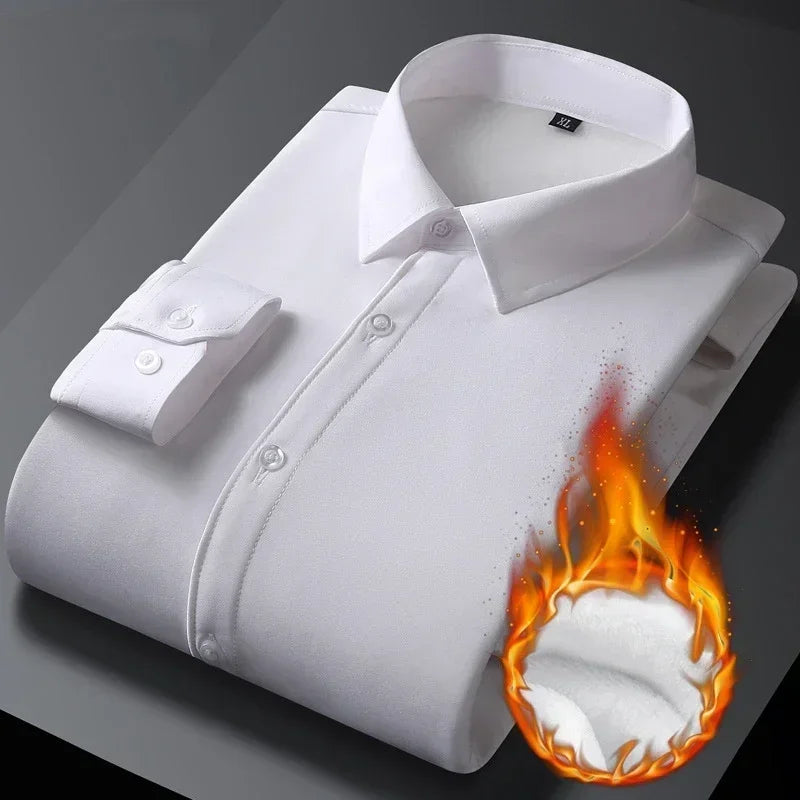 2025 Men's Autumn Winter Long Sleeve Shirts White Warm Fleece Stretch Shirt Formal Business Office Wear Dress Shirts Male M-5XL - BOC-WEAR