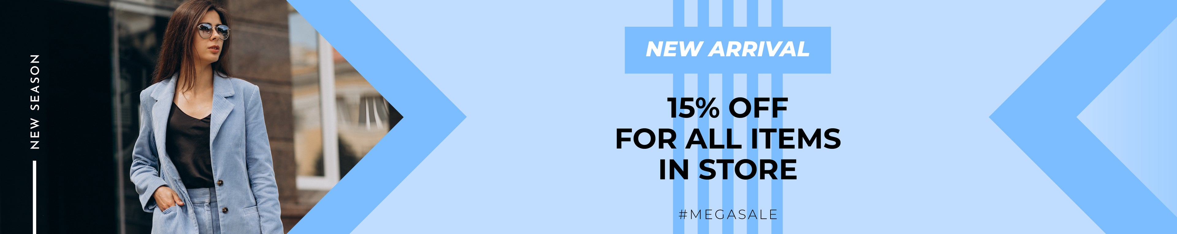 Promotional banner BOCWEAR with a woman in a coat, text overlay, and blue arrows on a light blue background.